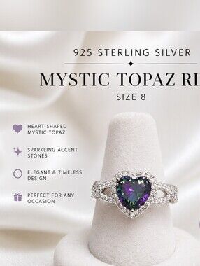 925 Sterling Silver Heart Mystic Topaz Ring Size 8